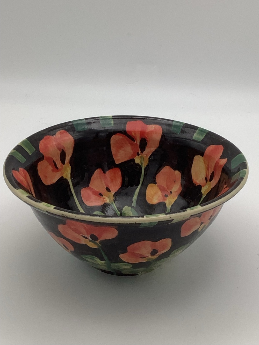 Hand-Painted Floral Ceramic Bowl in Black and Coral
